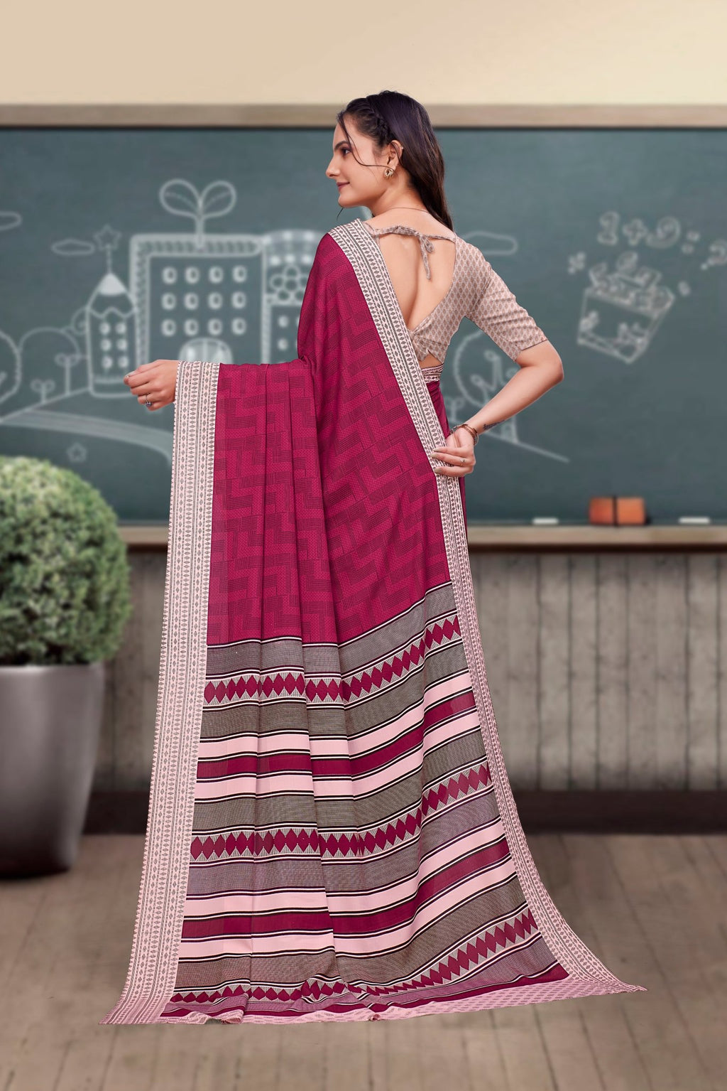 Pink Crepe School Uniform Saree for Teachers - FeministaCrepe