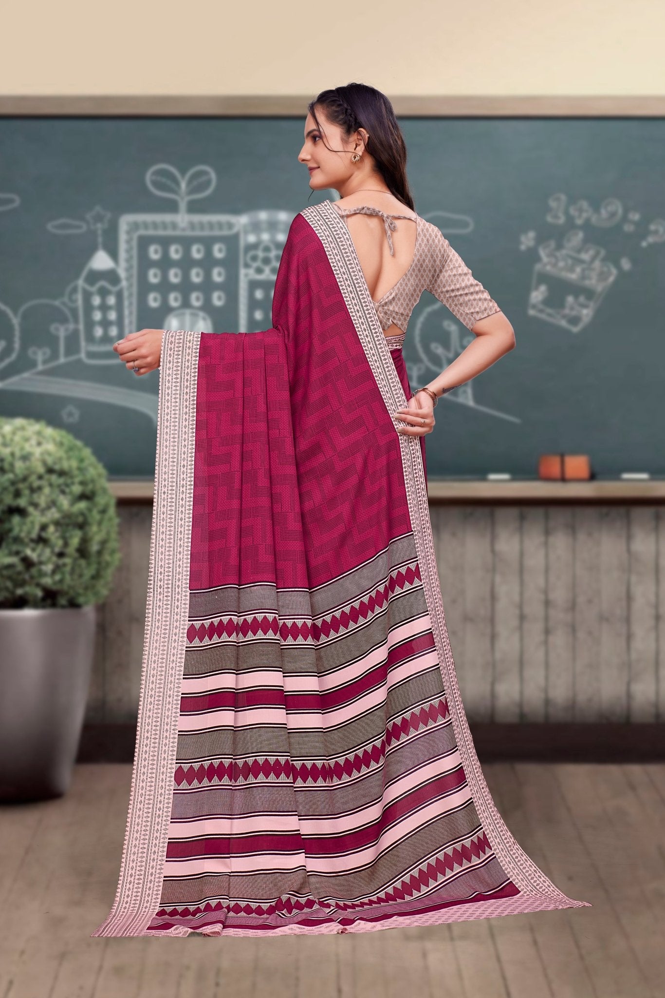 Pink Crepe School Uniform Saree for Teachers - FeministaCrepe