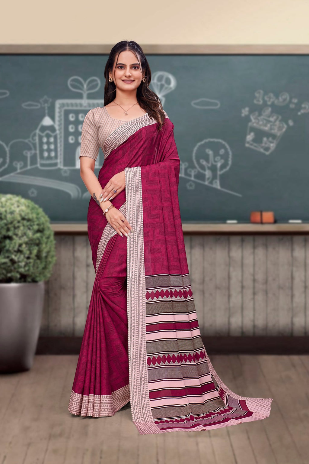 Pink Crepe School Uniform Saree for Teachers - FeministaCrepe