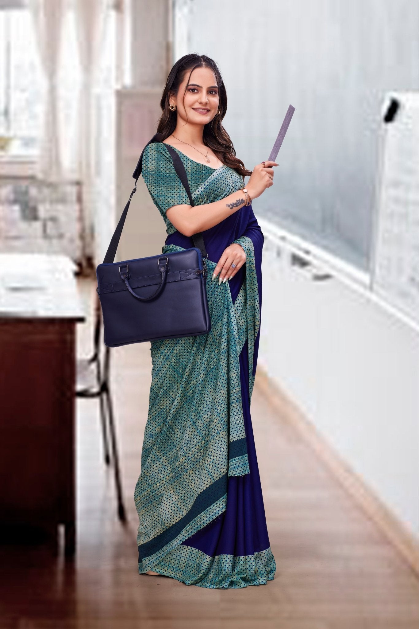 Blue Crepe Business Saree for Professionals - FeministaCrepe