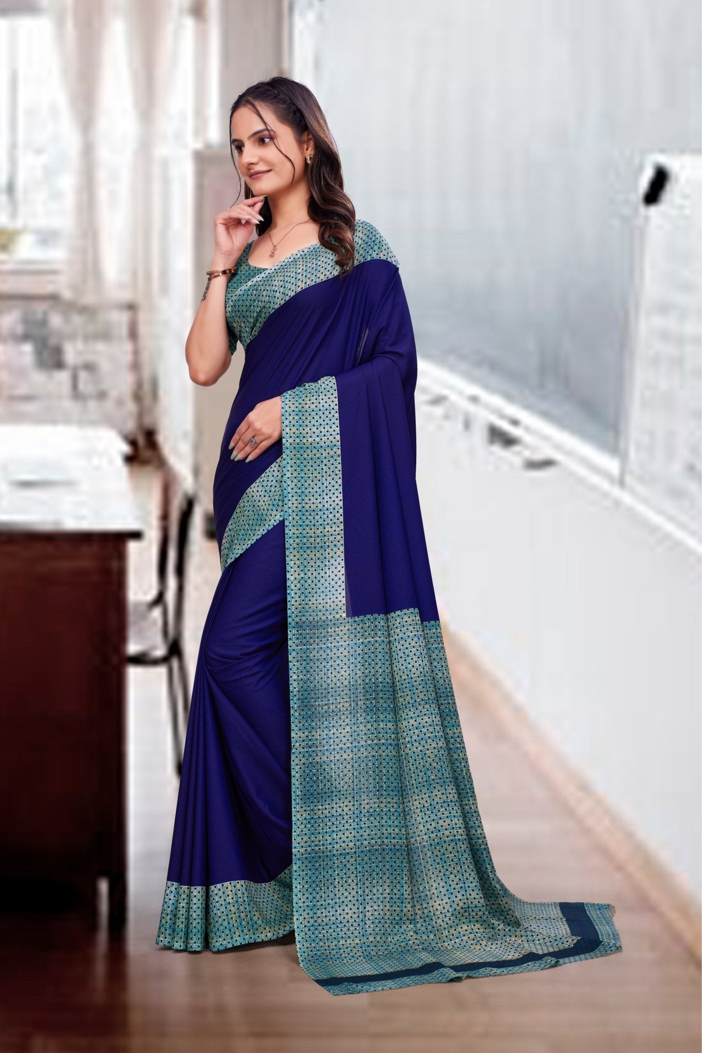 Blue Crepe Business Saree for Professionals - FeministaCrepe