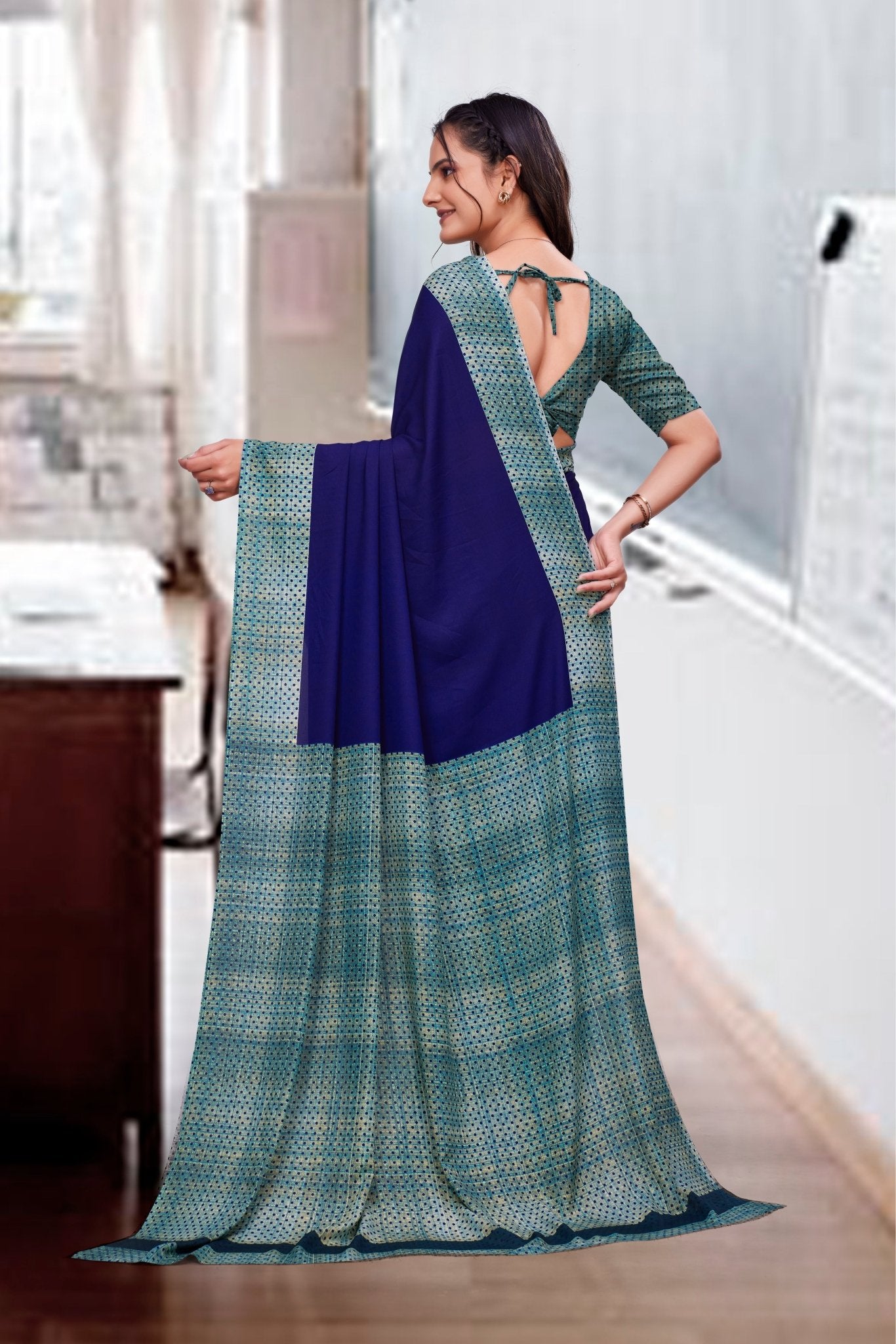 Blue Crepe Business Saree for Professionals - FeministaCrepe