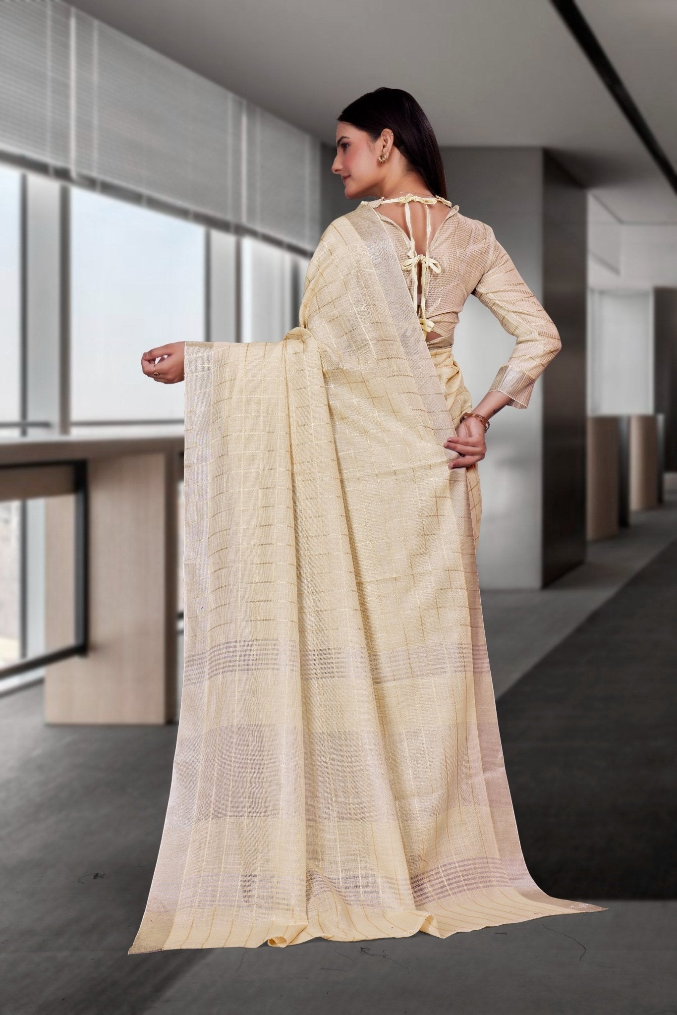 White Cotton Silk Workplace Formal Saree - FeministaCotton Silk