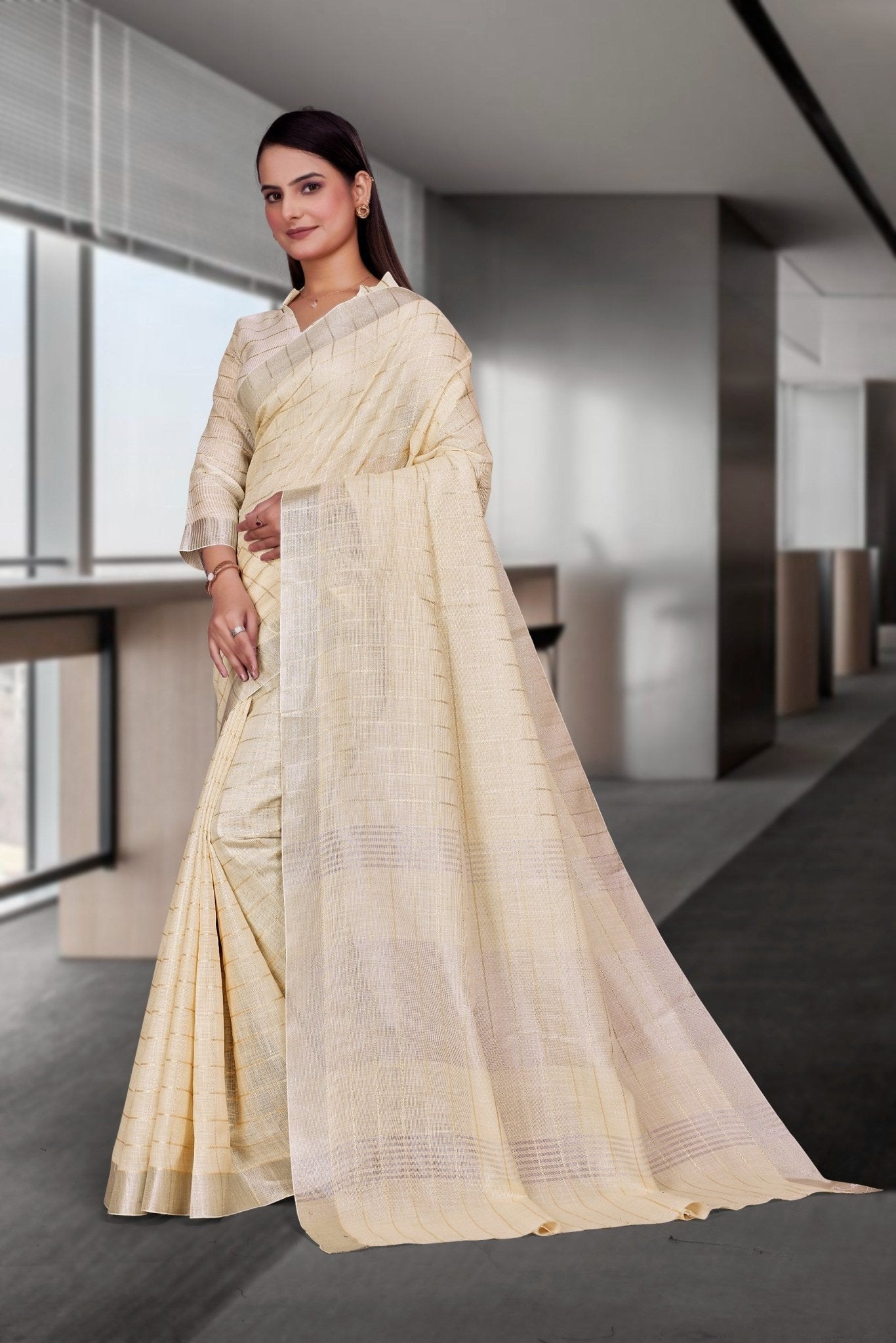 White Cotton Silk Workplace Formal Saree - FeministaCotton Silk