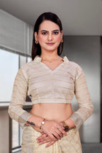 White Cotton Silk Workplace Formal Saree - FeministaCotton Silk