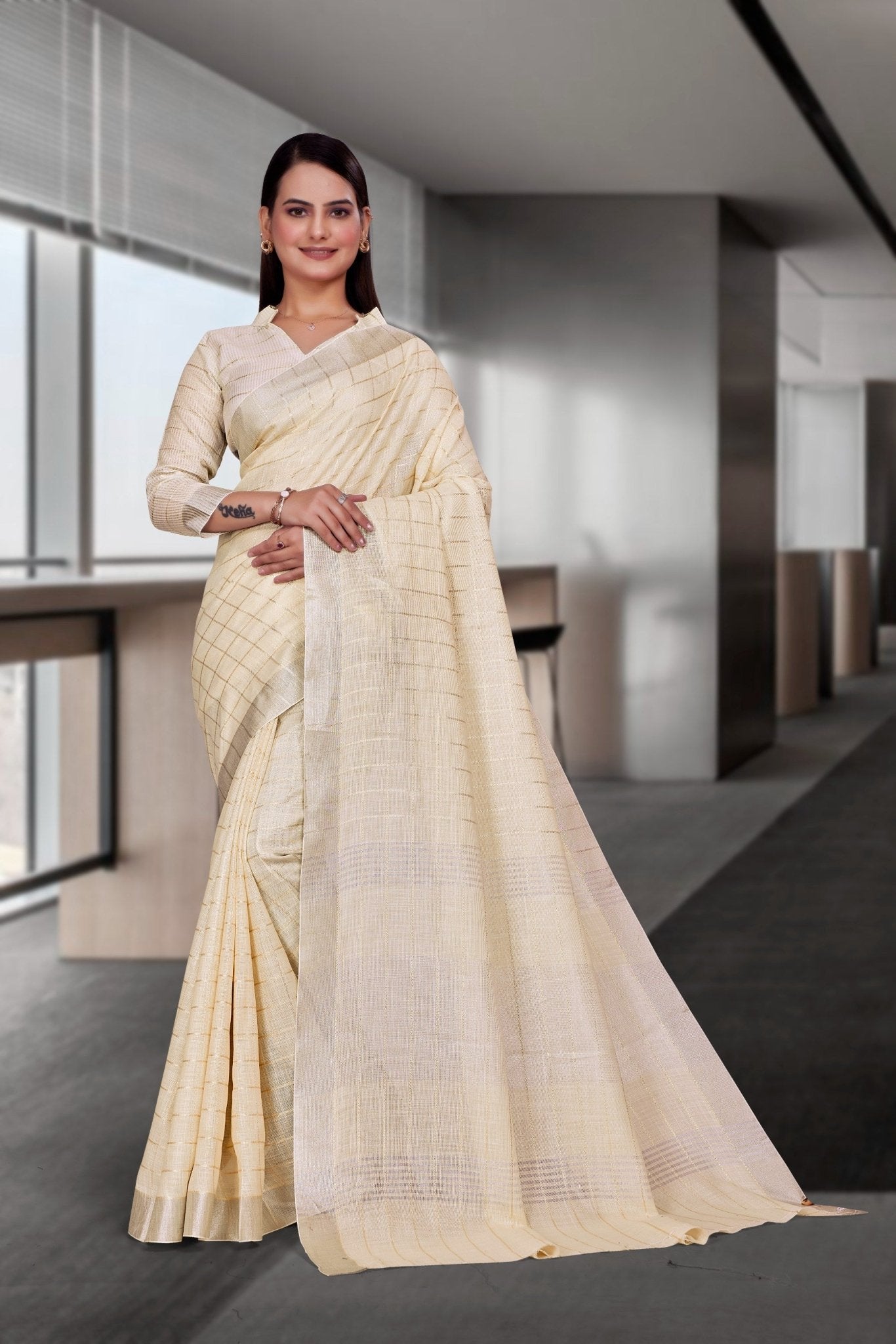 White Cotton Silk Workplace Formal Saree - FeministaCotton Silk
