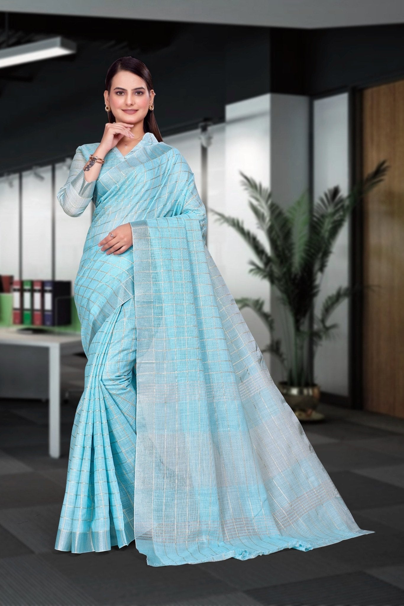 Blue Cotton Silk Workplace Uniform Saree - FeministaCotton Silk