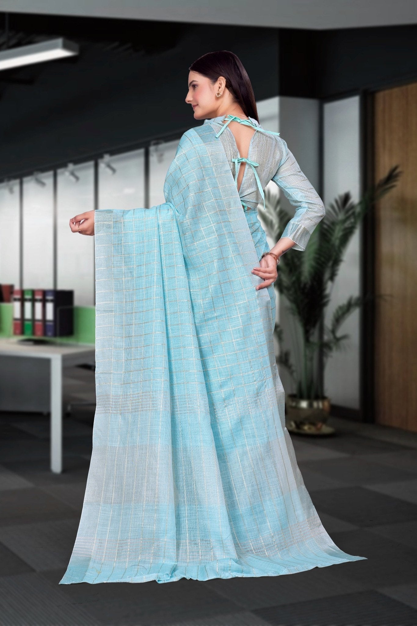 Blue Cotton Silk Workplace Uniform Saree - FeministaCotton Silk