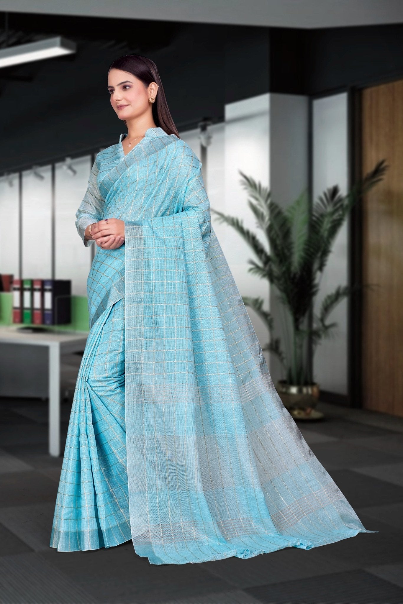 Blue Cotton Silk Workplace Uniform Saree - FeministaCotton Silk