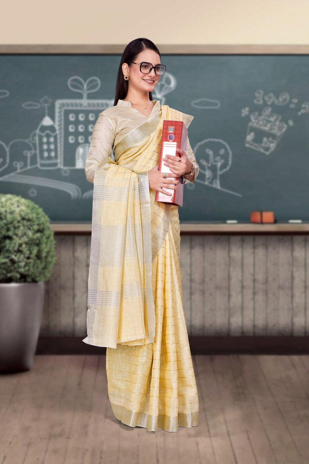 Yellow Cotton Silk Professional Saree for Educators - FeministaCotton Silk
