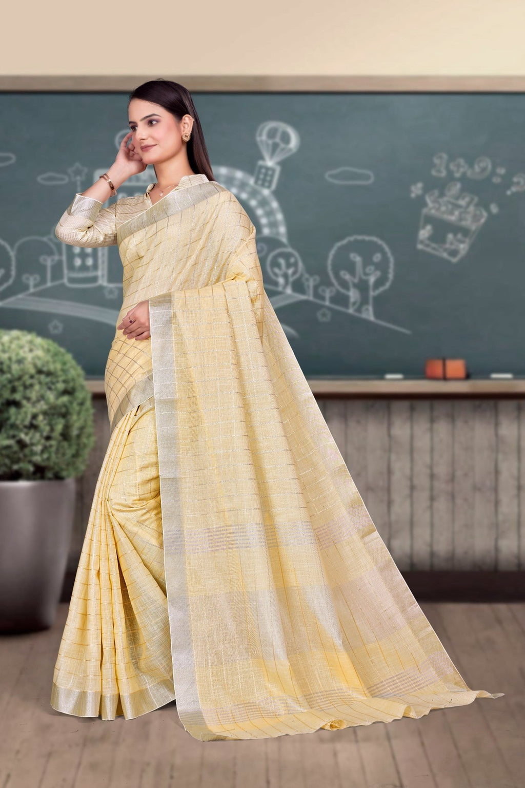 Yellow Cotton Silk Professional Saree for Educators - FeministaCotton Silk
