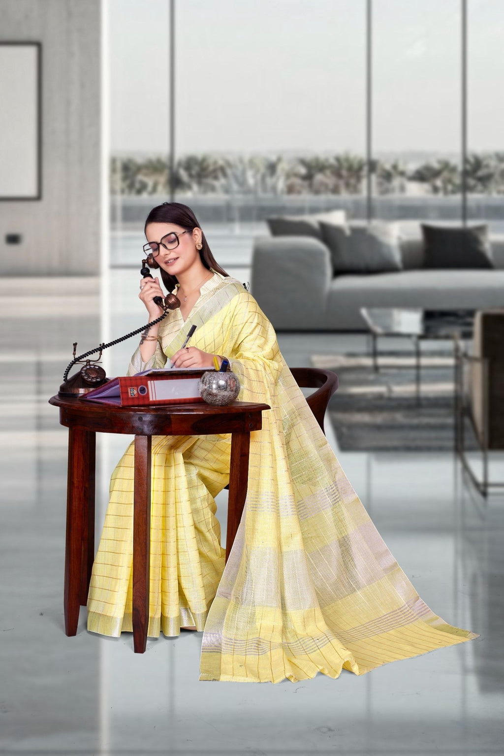 Yellow Cotton Silk Professional Office Saree - FeministaCotton Silk