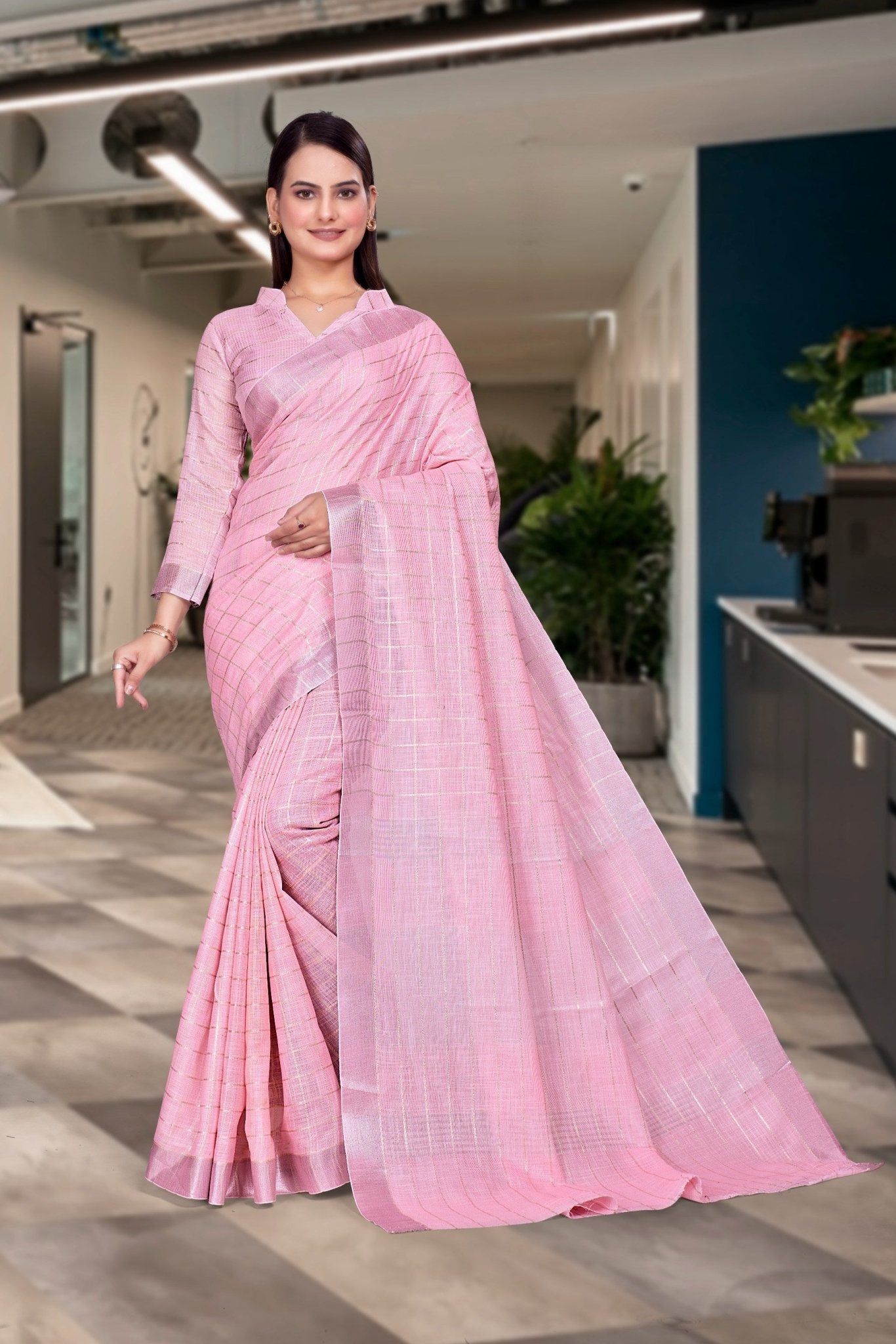 Pink Cotton Silk Formal Professional Saree - FeministaCotton Silk