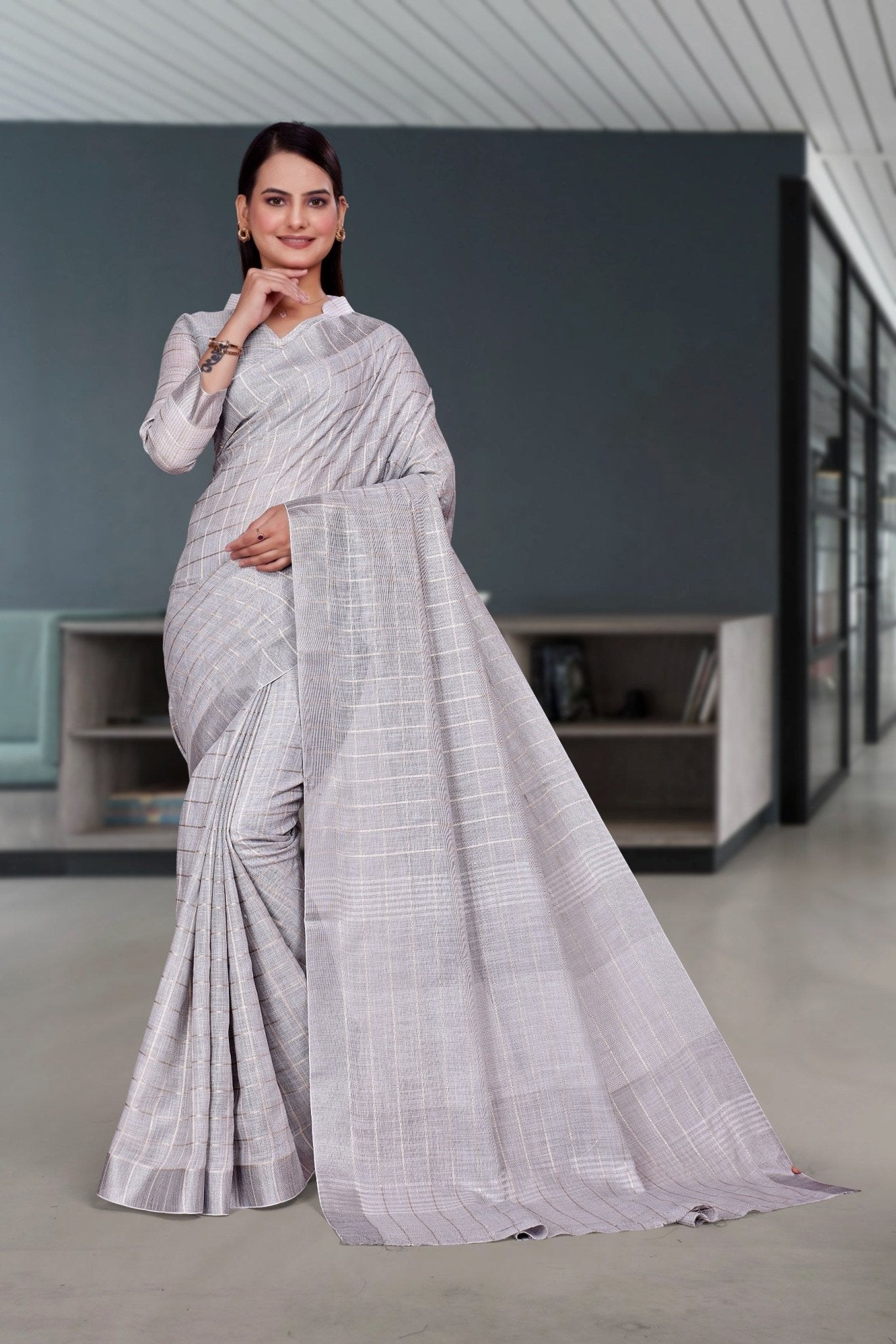 Grey Cotton Silk Professional Office Saree - FeministaCotton Silk