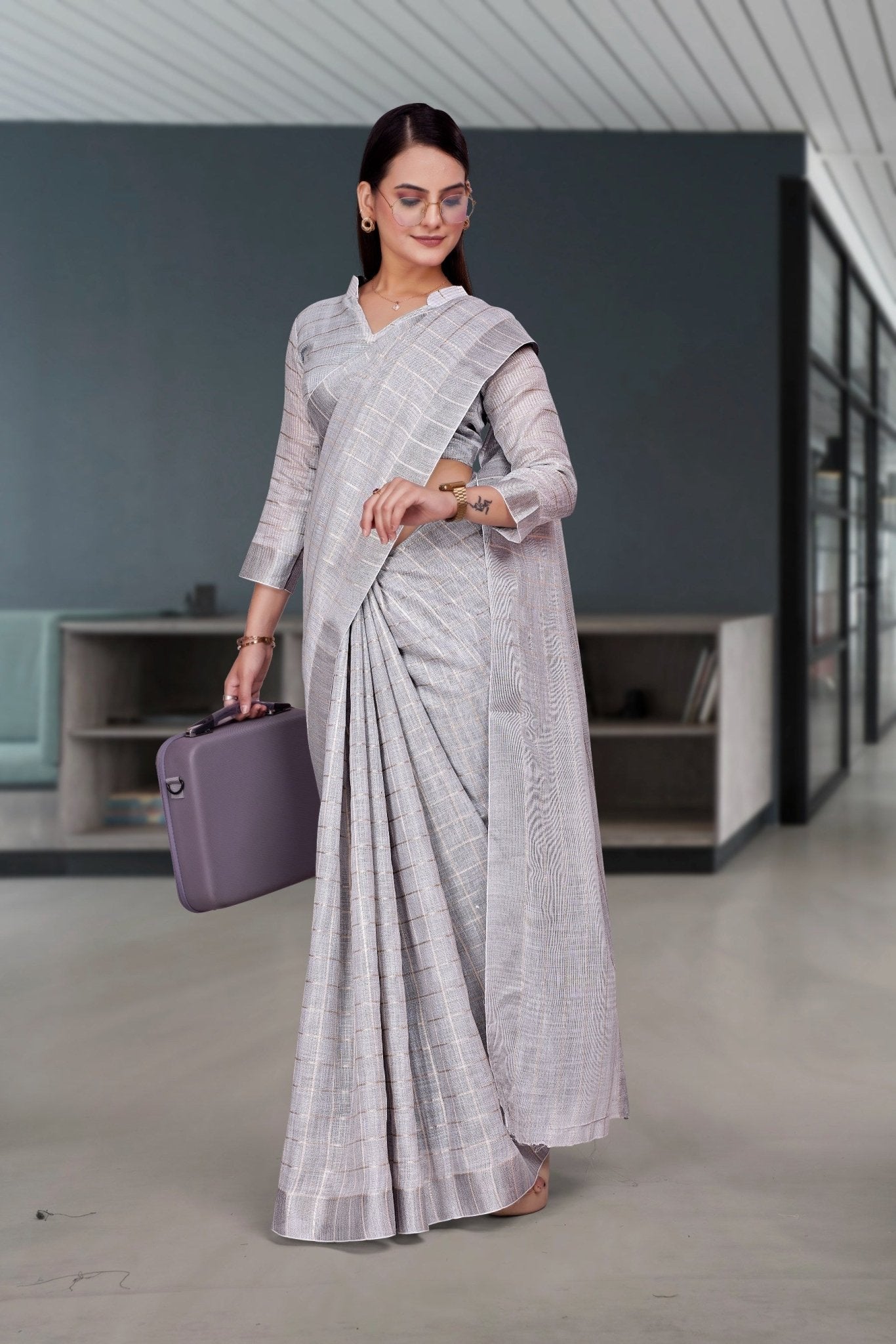 Grey Cotton Silk Professional Office Saree - FeministaCotton Silk