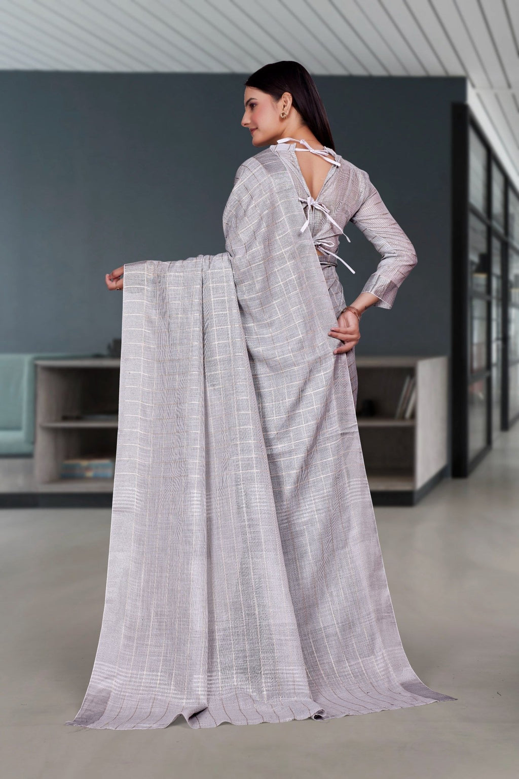 Grey Cotton Silk Professional Office Saree - FeministaCotton Silk