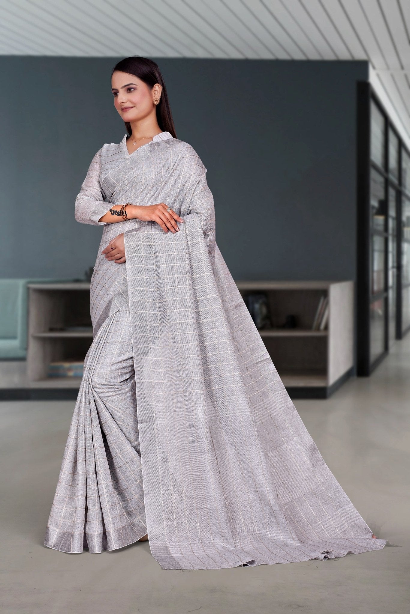 Grey Cotton Silk Professional Office Saree - FeministaCotton Silk