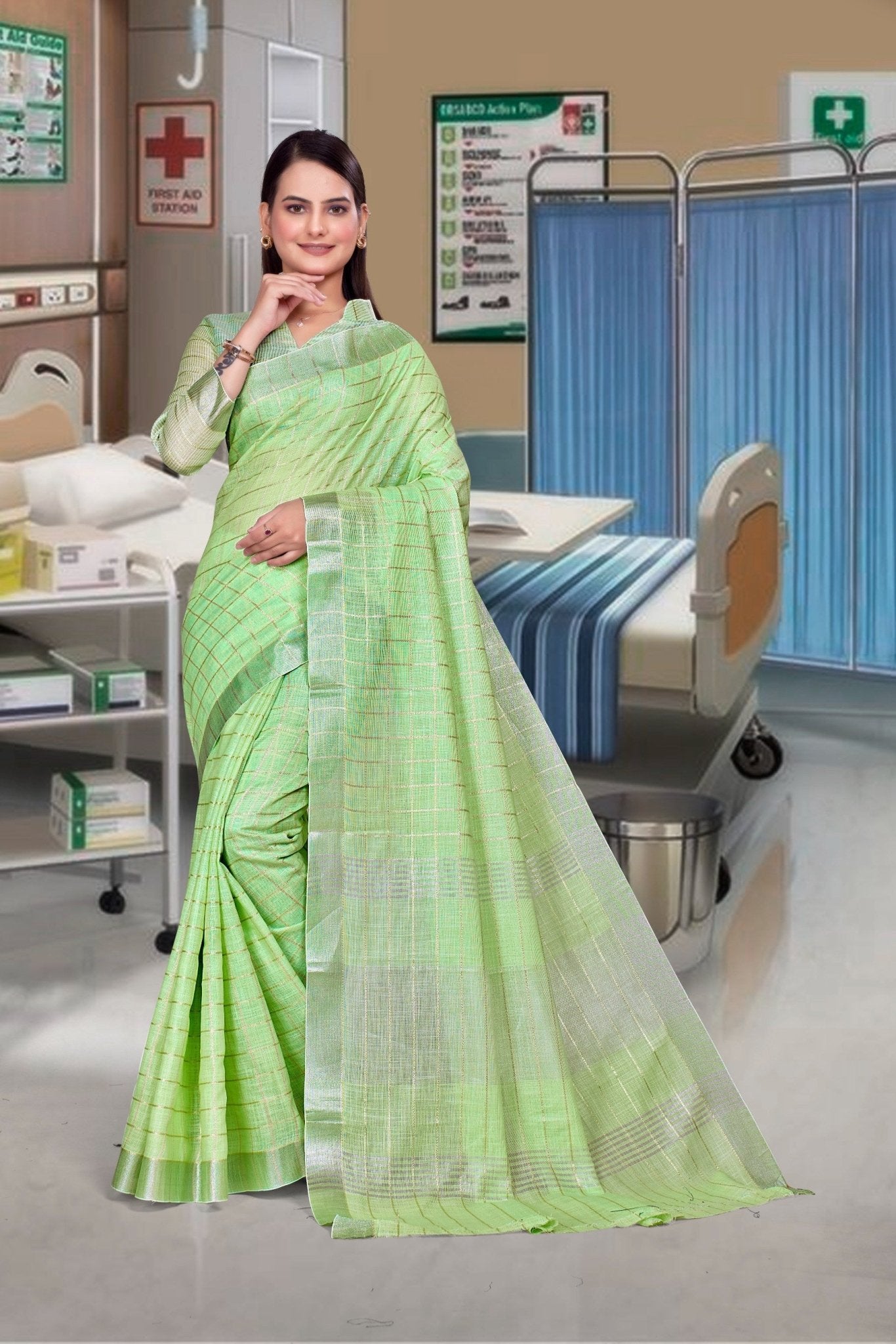 Light Green Cotton Silk Business Saree for Professionals - FeministaCotton Silk