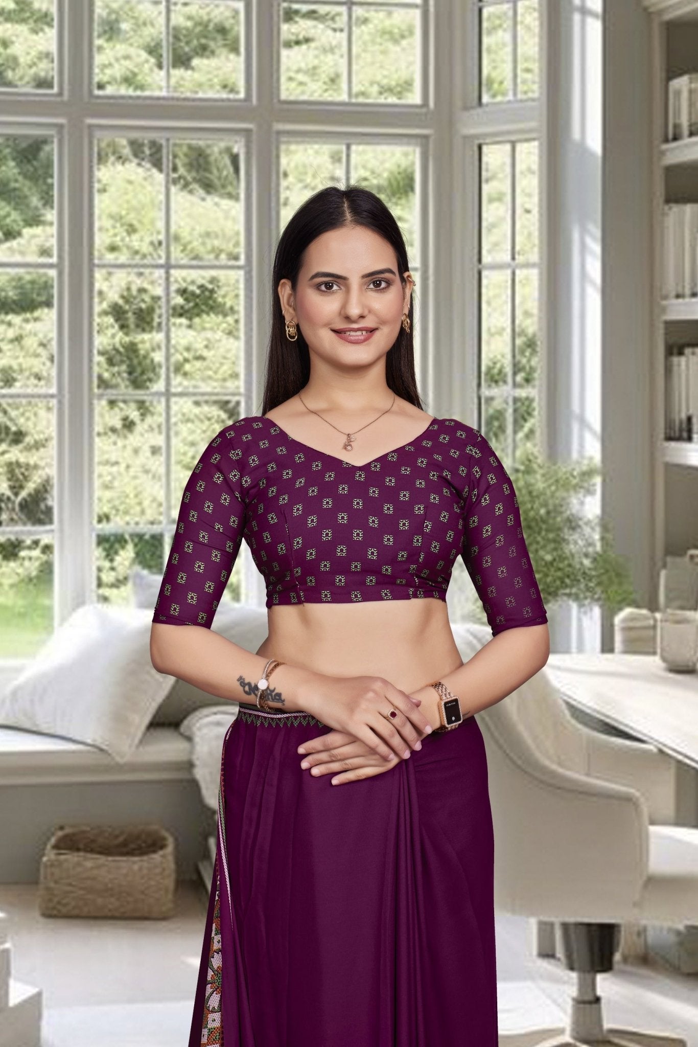 Purple Crepe Professional Office Saree - FeministaCrepe