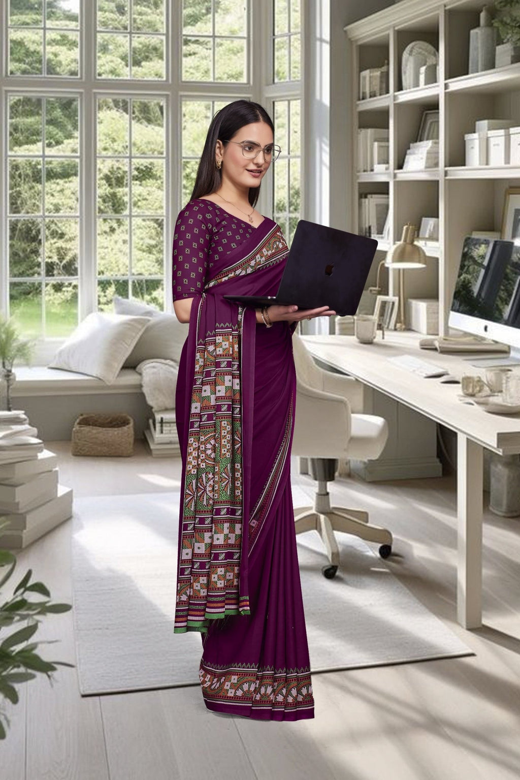 Purple Crepe Professional Office Saree - FeministaCrepe