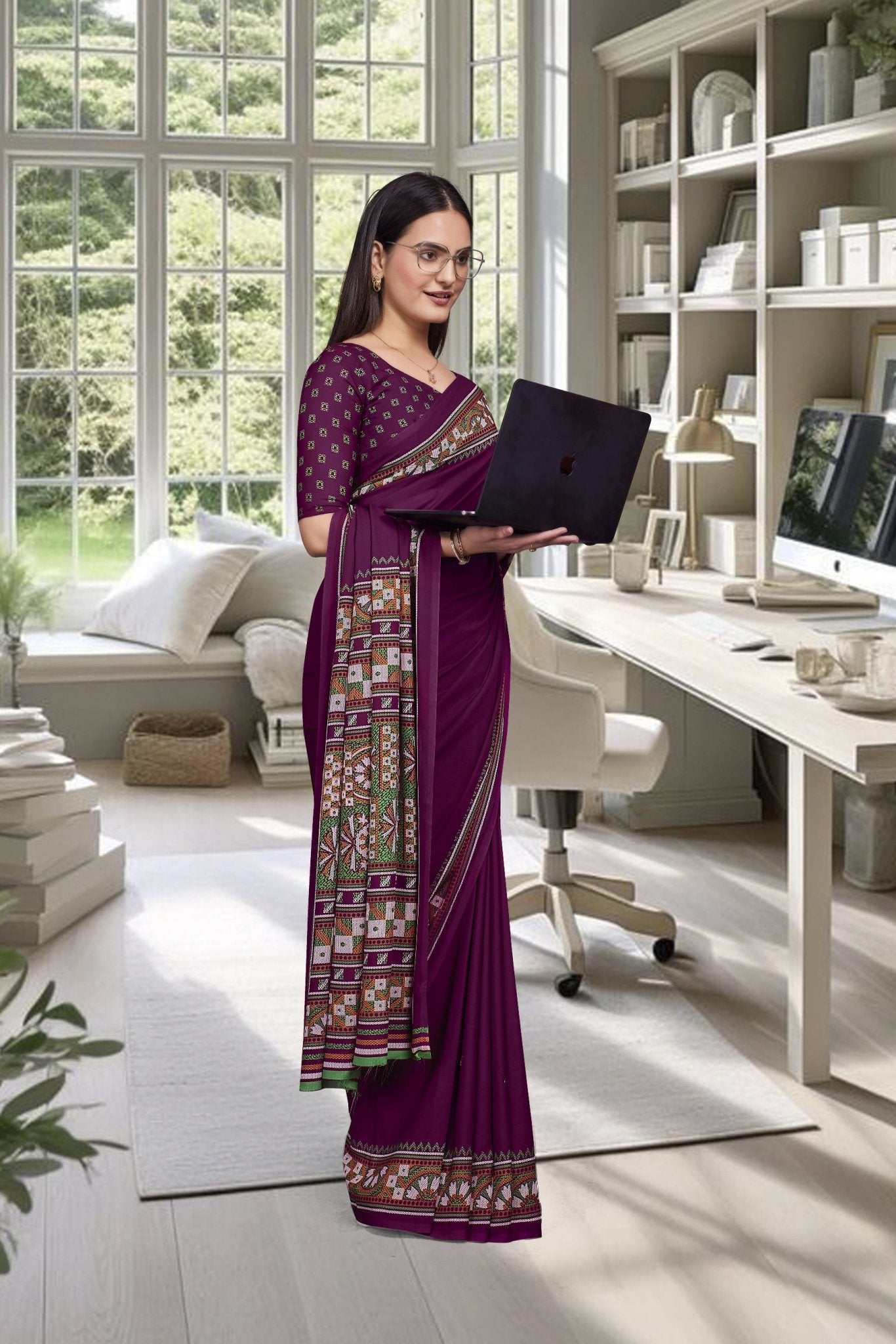 Purple Crepe Professional Office Saree - FeministaCrepe