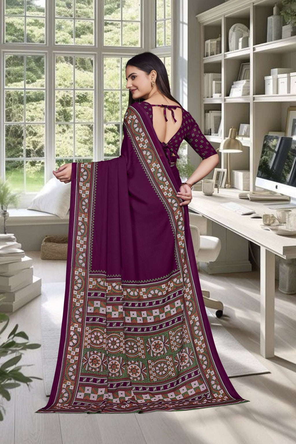 Purple Crepe Professional Office Saree - FeministaCrepe