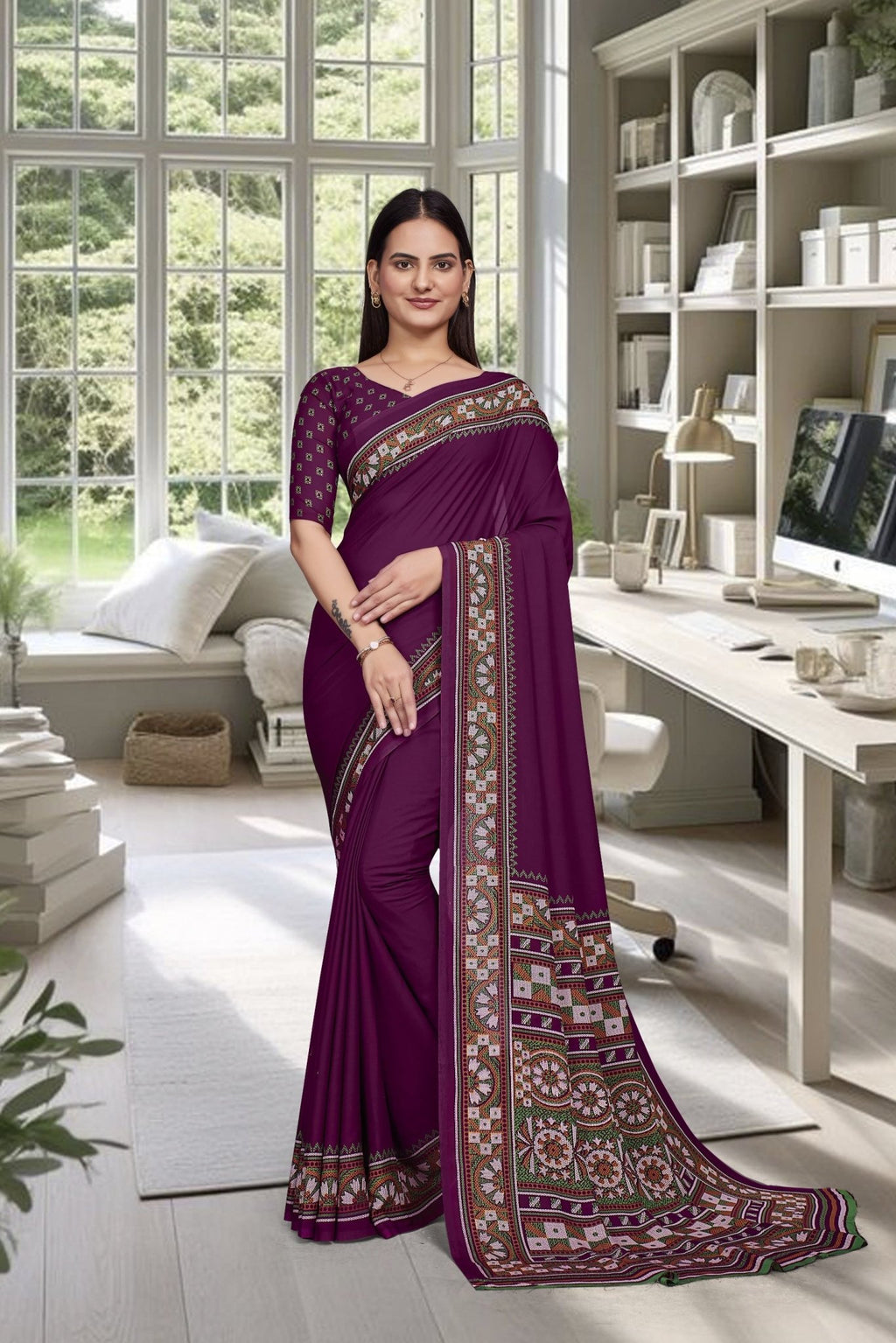 Purple Crepe Professional Office Saree - FeministaCrepe