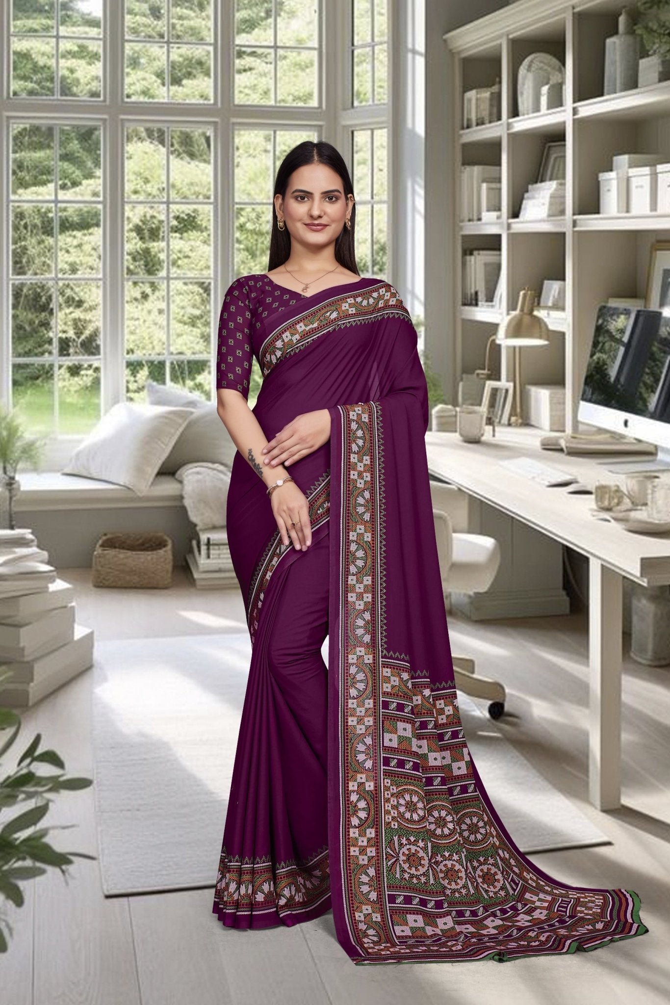 Purple Crepe Professional Office Saree - FeministaCrepe