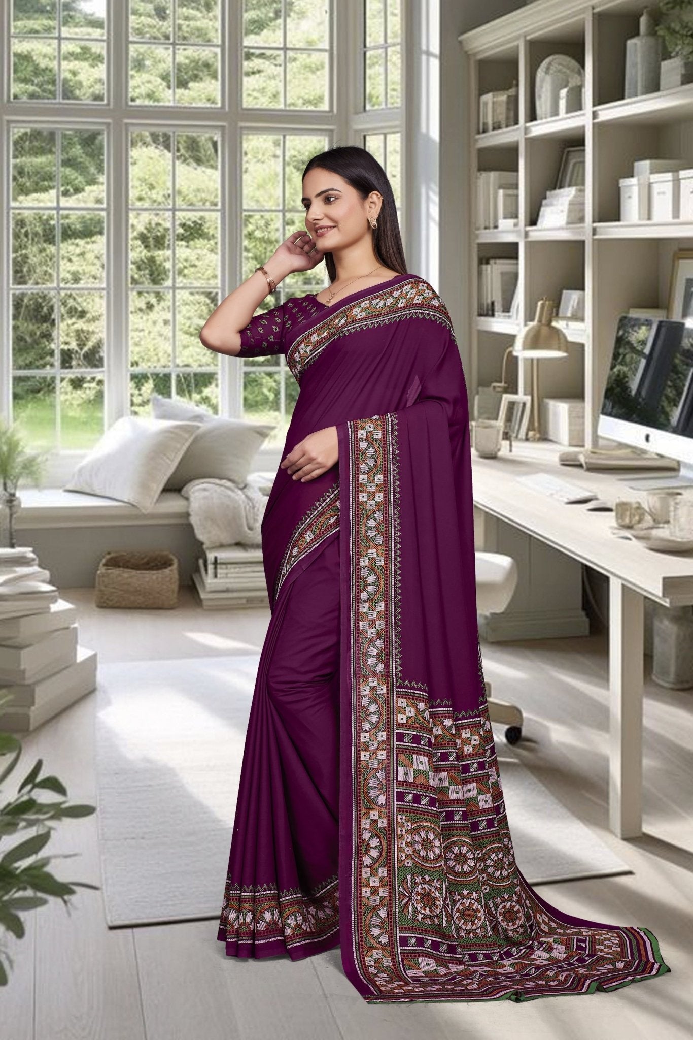 Purple Crepe Professional Office Saree - FeministaCrepe