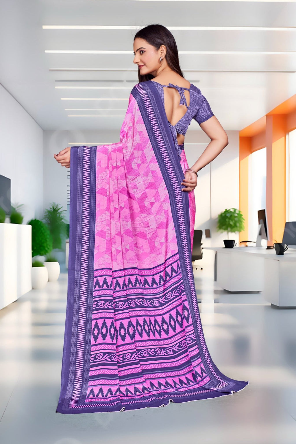 Pink Crepe School Uniform Saree for Teachers - FeministaCrepe