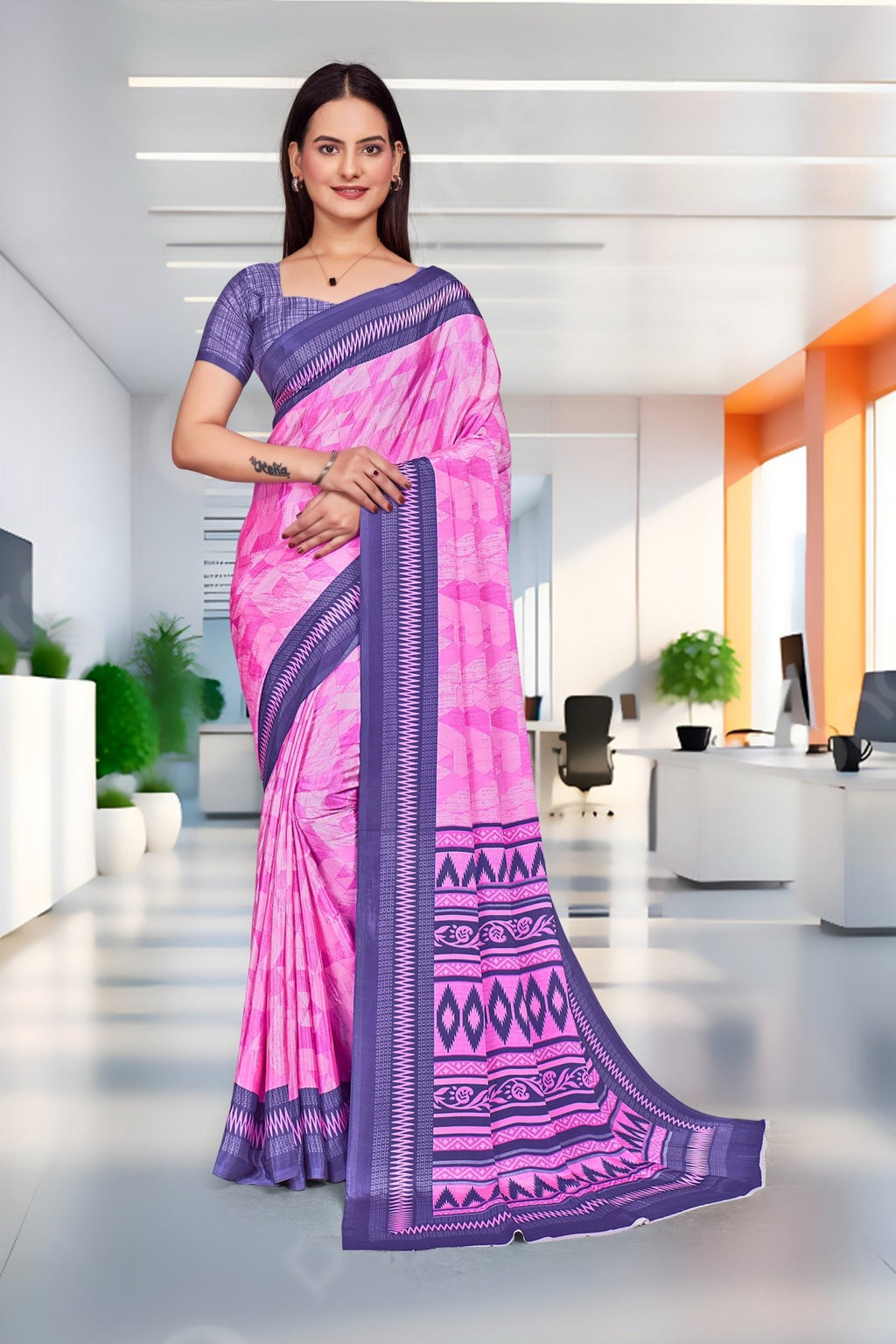 Pink Crepe School Uniform Saree for Teachers - FeministaCrepe