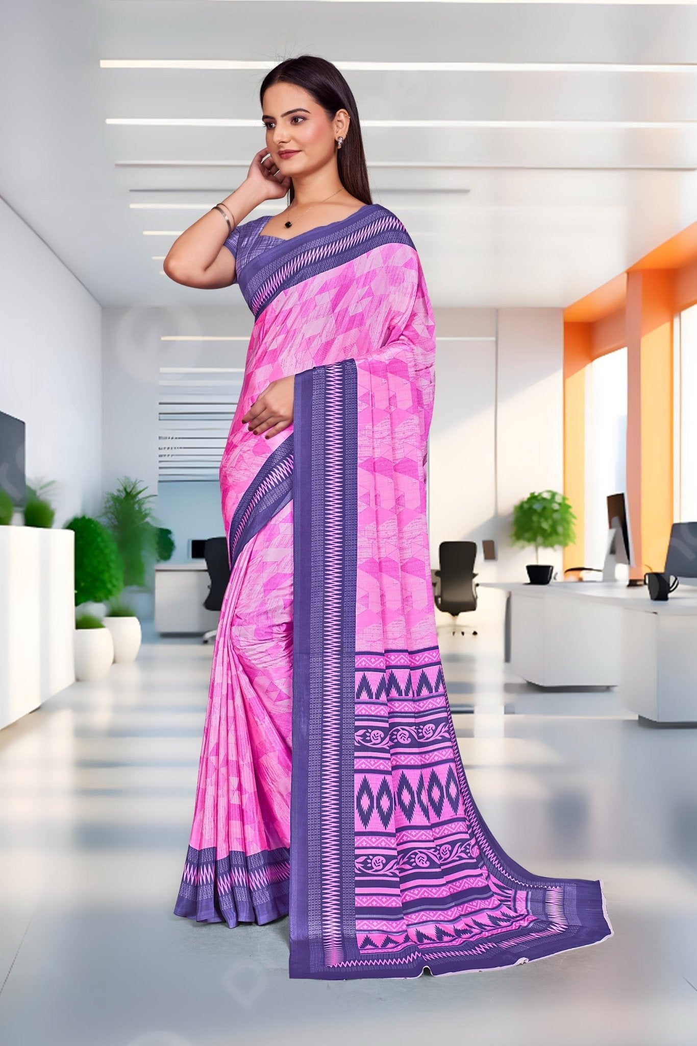 Pink Crepe School Uniform Saree for Teachers - FeministaCrepe