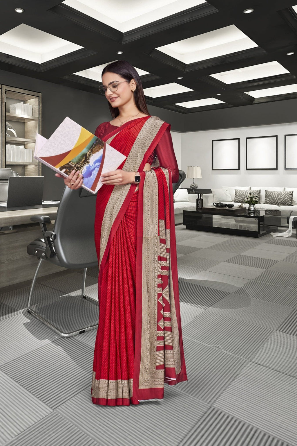 Red Crepe School Uniform Saree for Teachers - FeministaCrepe