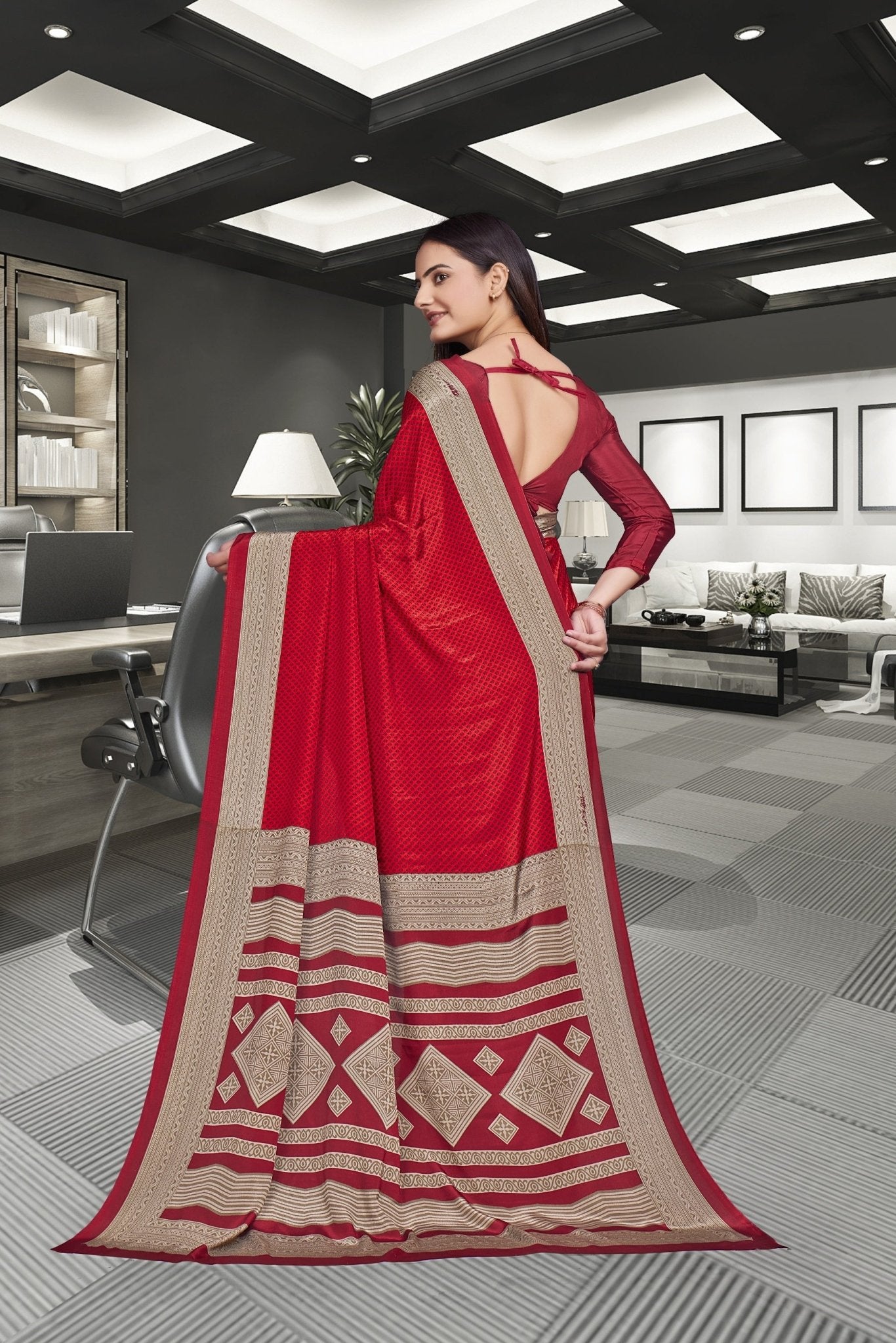 Red Crepe School Uniform Saree for Teachers - FeministaCrepe