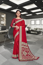 Red Crepe School Uniform Saree for Teachers - FeministaCrepe