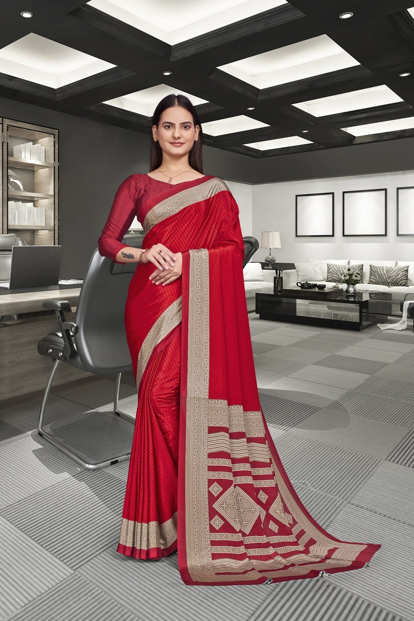 Red Crepe School Uniform Saree for Teachers - FeministaCrepe