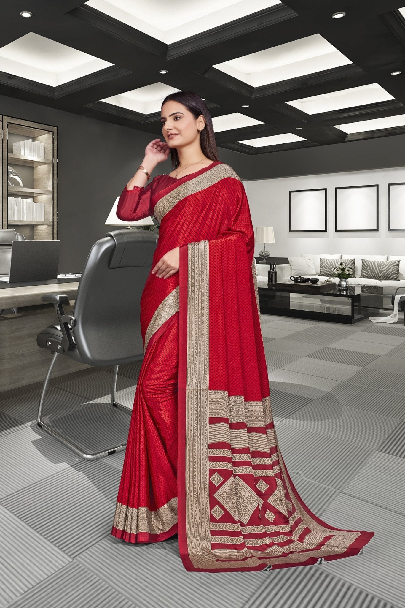 Red Crepe School Uniform Saree for Teachers - FeministaCrepe