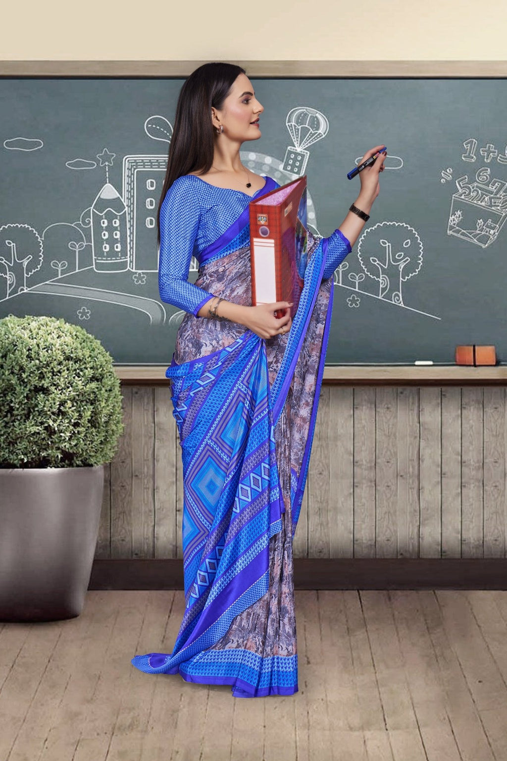 Blue Crepe Professional Office Saree - FeministaCrepe