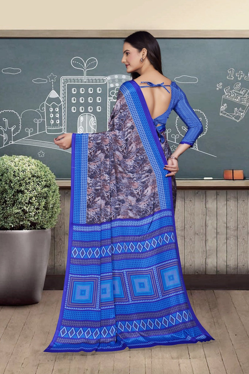 Blue Crepe Professional Office Saree - FeministaCrepe