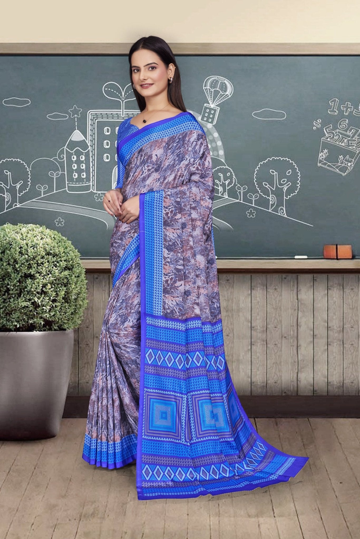 Blue Crepe Professional Office Saree - FeministaCrepe
