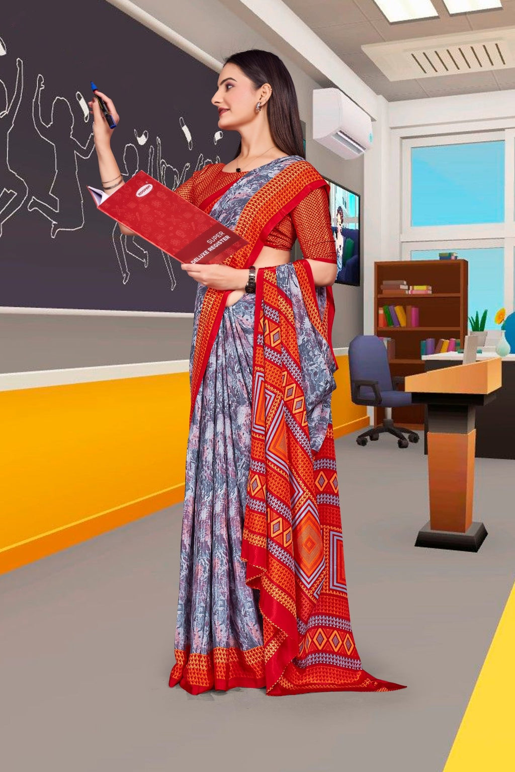 Grey Crepe Professional Office Saree - FeministaCrepe