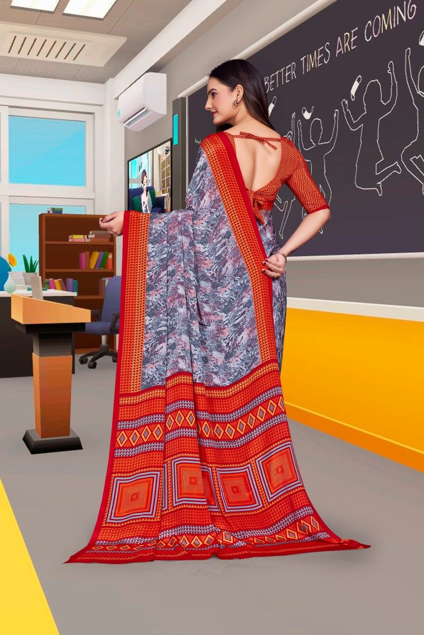 Grey Crepe Professional Office Saree - FeministaCrepe