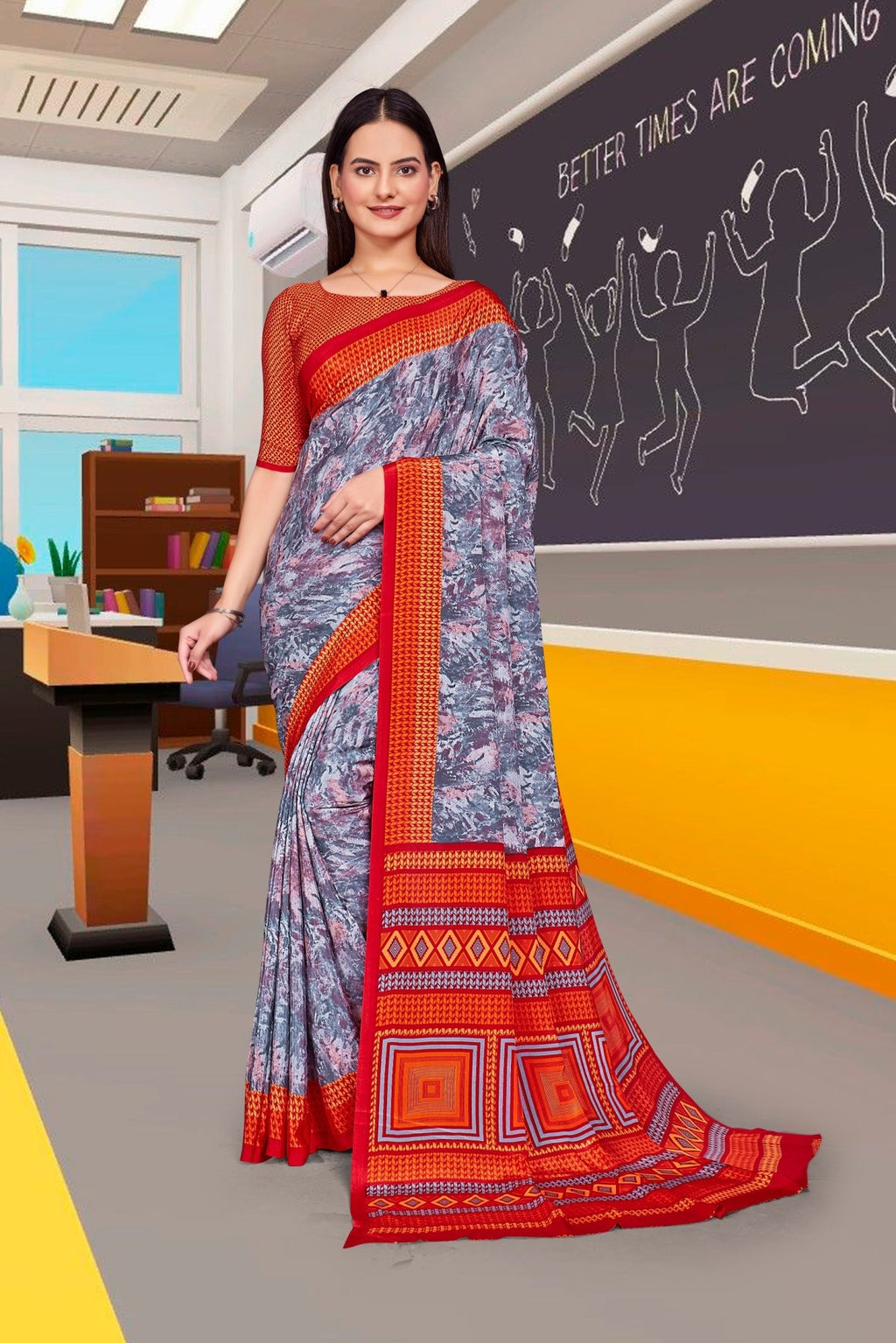 Grey Crepe Professional Office Saree - FeministaCrepe