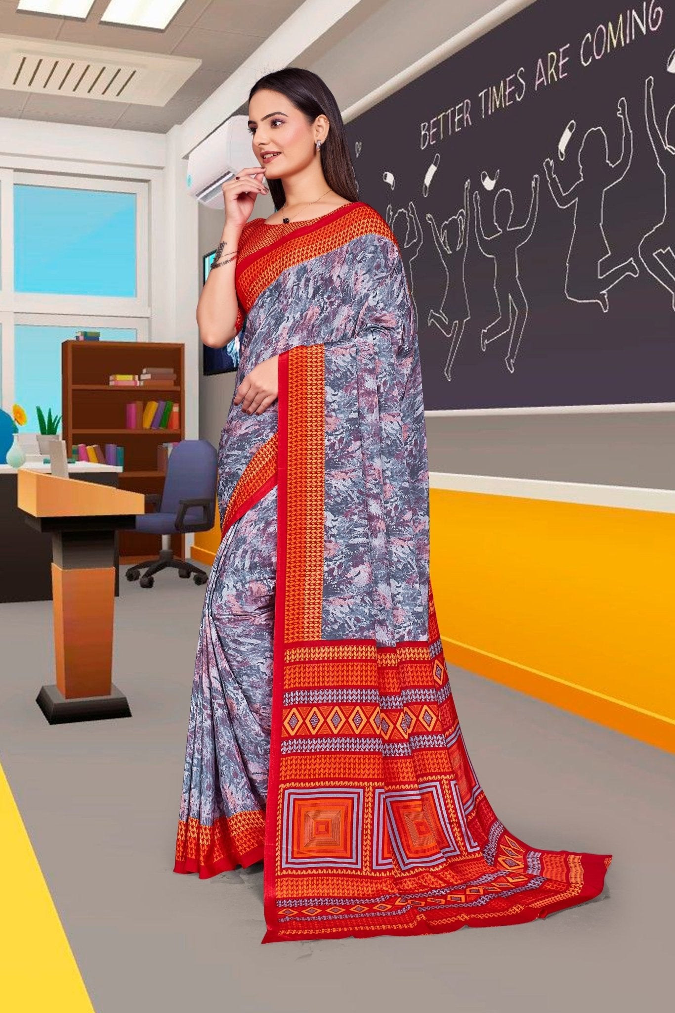 Grey Crepe Professional Office Saree - FeministaCrepe