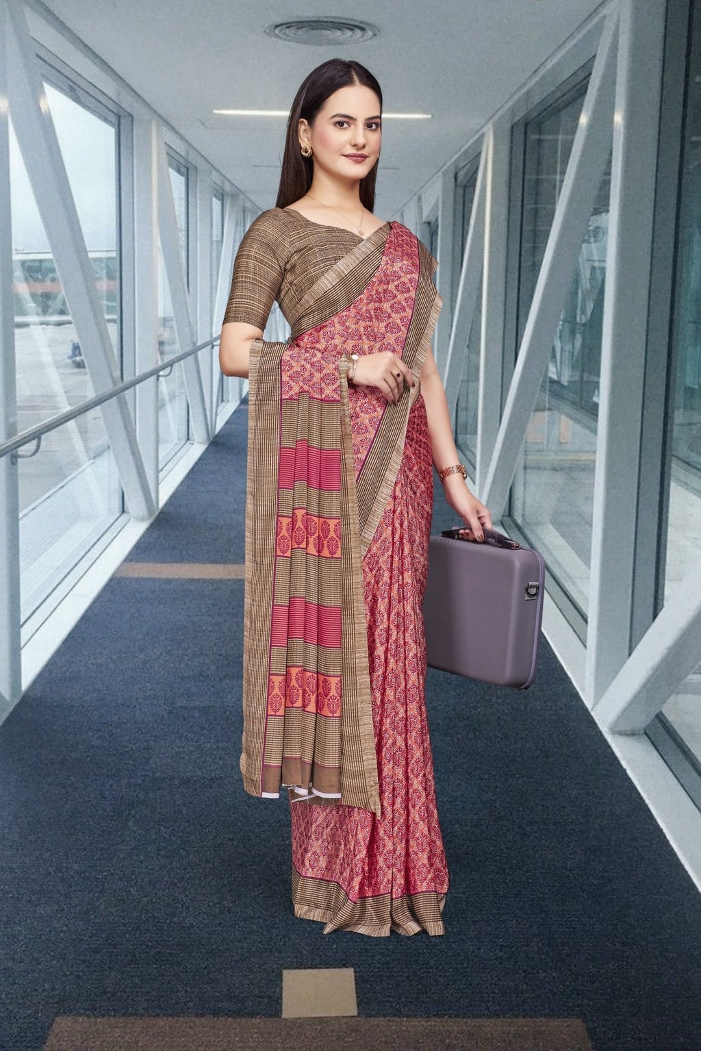 Pink Crepe Professional Teacher Saree - FeministaCrepe