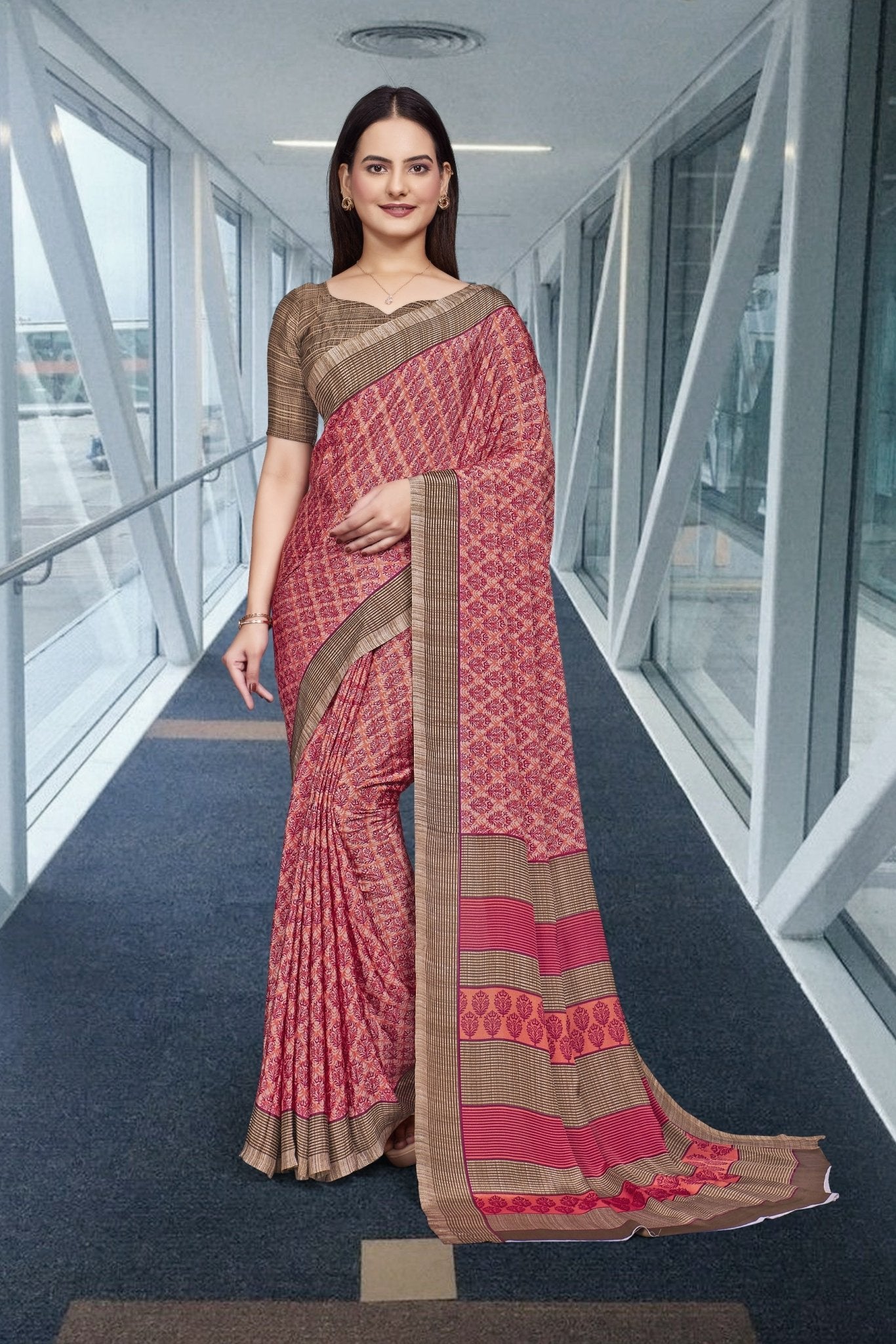 Pink Crepe Professional Teacher Saree - FeministaCrepe