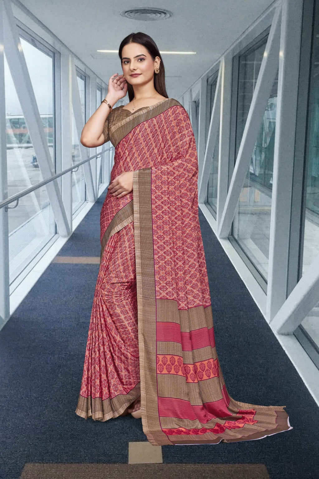 Pink Crepe Professional Teacher Saree - FeministaCrepe