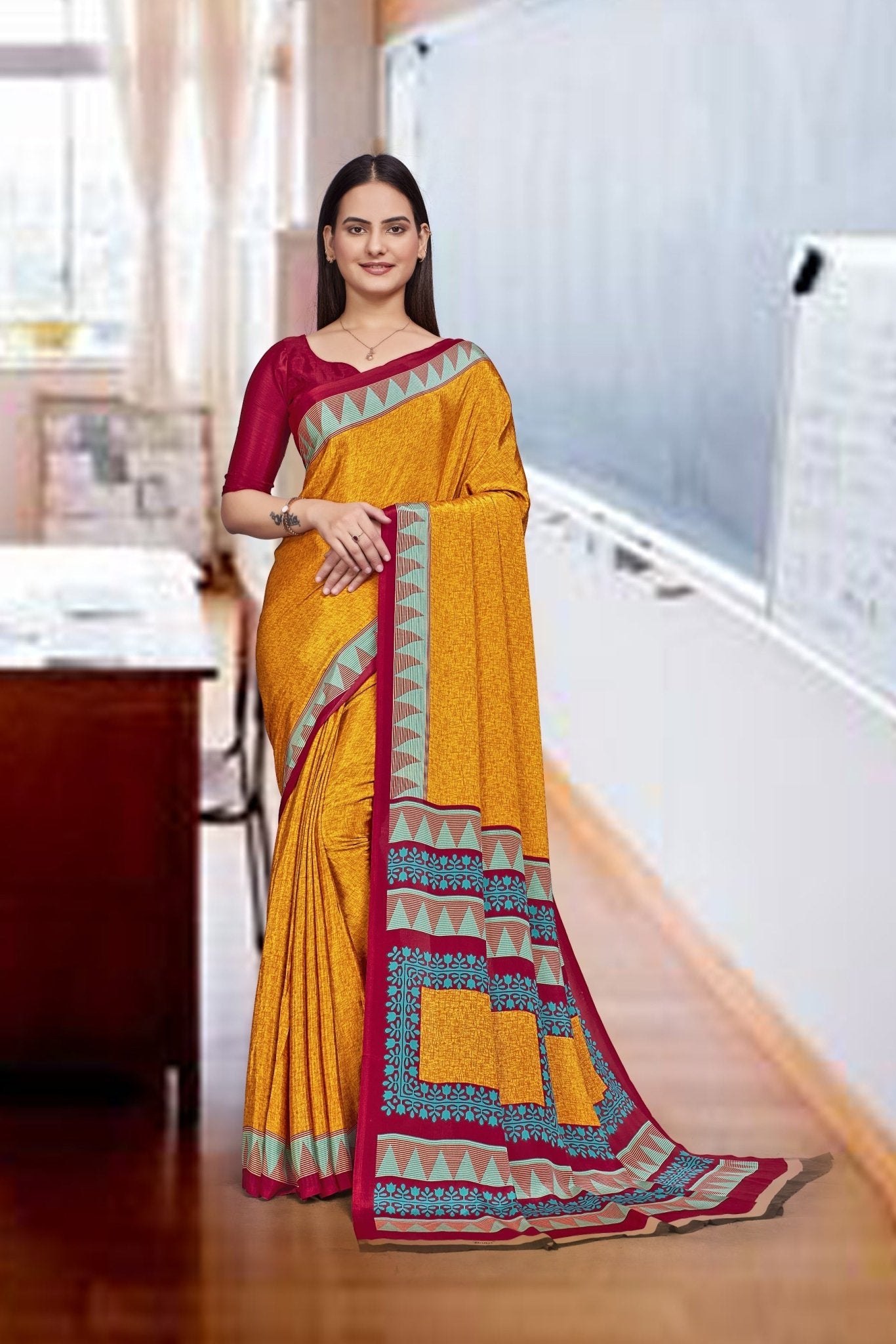 Mustard Crepe Office Professional Saree - FeministaCrepe