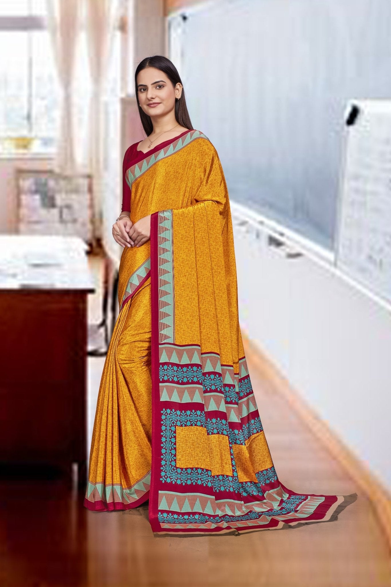 Mustard Crepe Office Professional Saree - FeministaCrepe