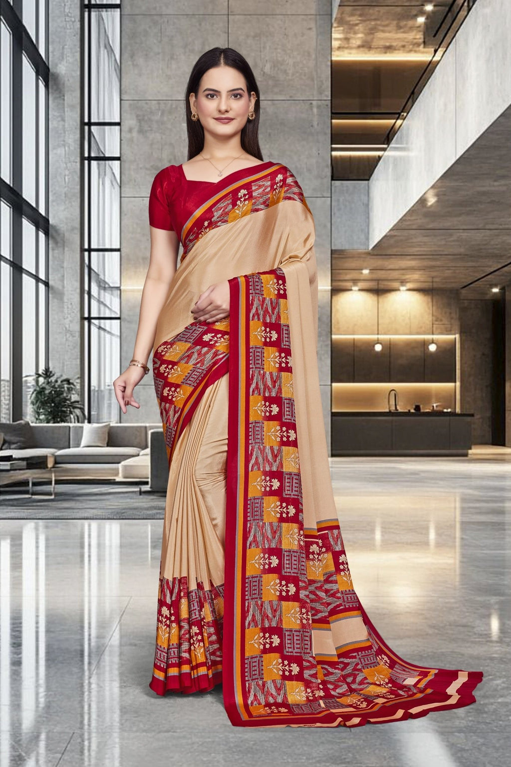 Beige Crepe School Uniform Saree for Teachers - FeministaCrepe